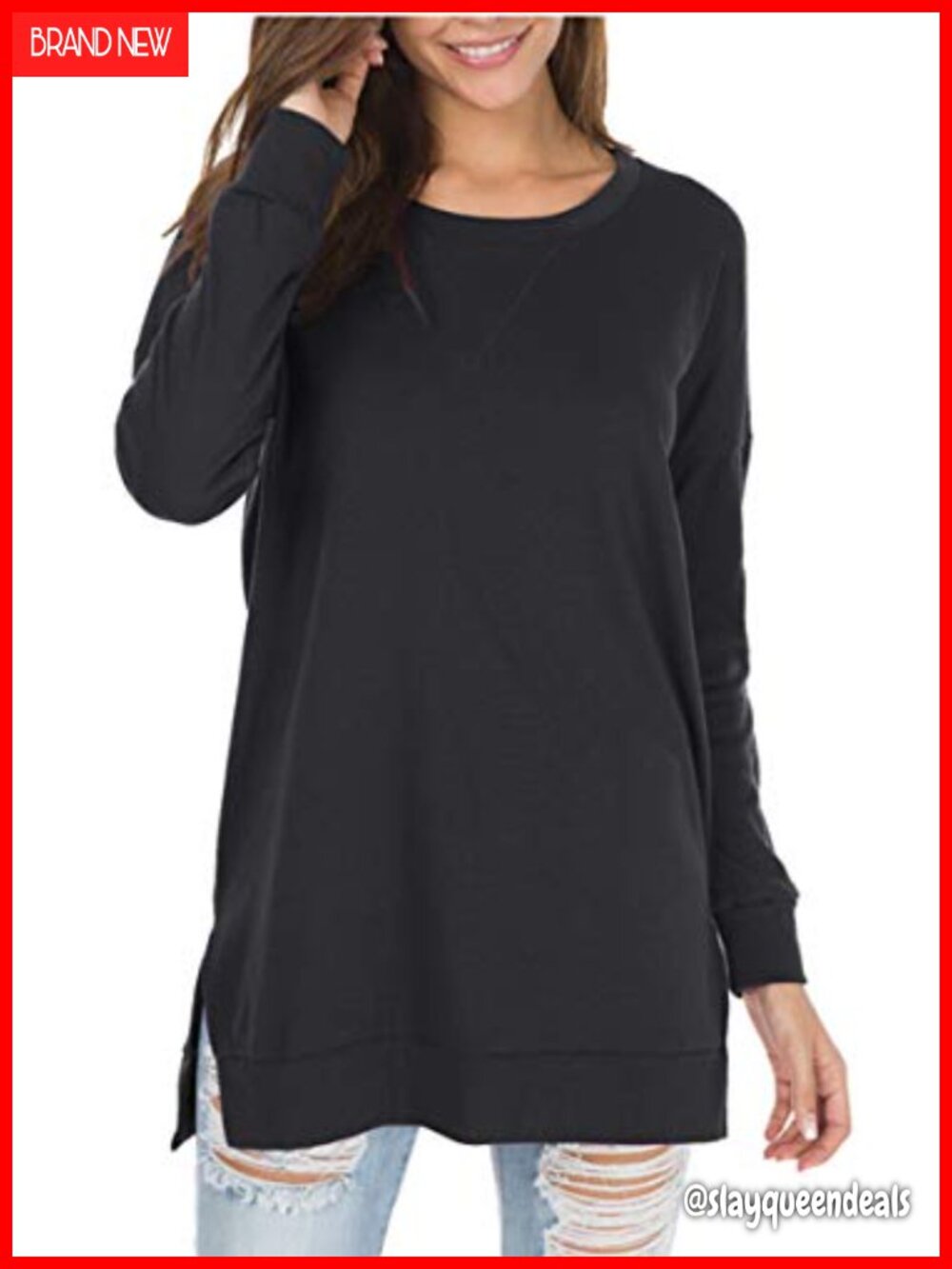 Womens Long Sleeve Side Split Tunic Blouse Loose Casual Pullover Top